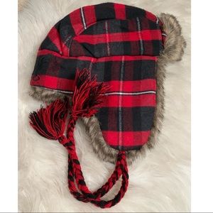 Red plaid faux fur trapper hat